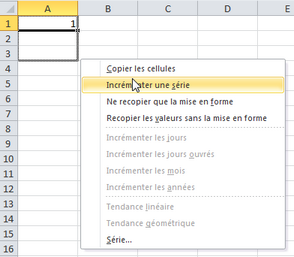 Menu copie incrmente