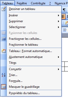Menus tableau 2003